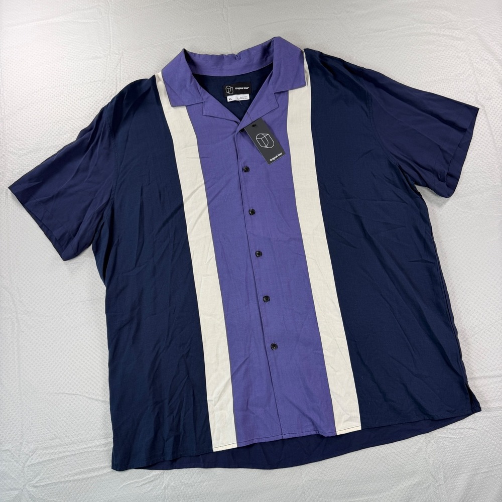 NWT Original Use Mens XL Bowling Shirt Retro Colorblock Short Sleeve Navy Purple